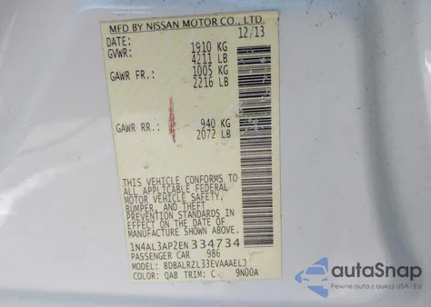 2014 Nissan Altima 2.5 S z USA, uszkodzony, nr VIN 1N4AL3AP2EN334734